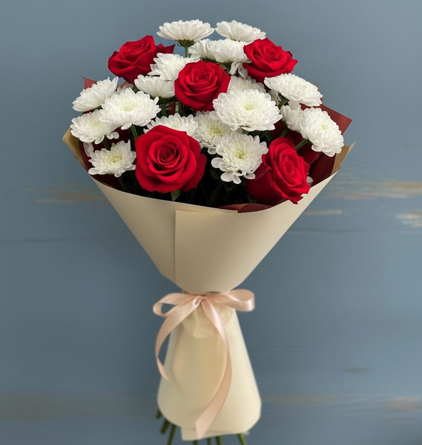 Букет цветов из: Розы и Хризантемы в Сапроново