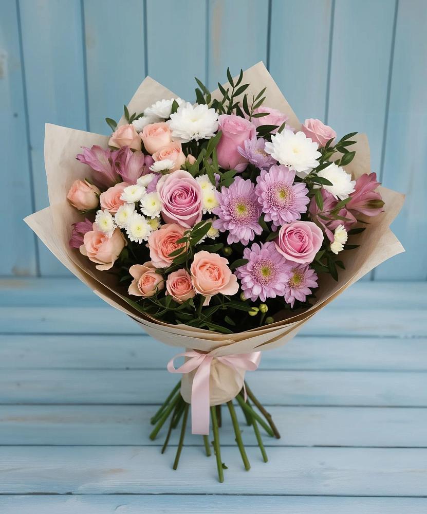 Букет цветов из: Хризантемы, Розы и Альстромерии в Сапроново