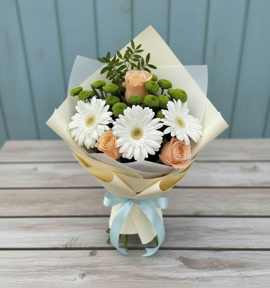 Букет цветов из: Герберы, Розы и Хризантемы в Сапроново