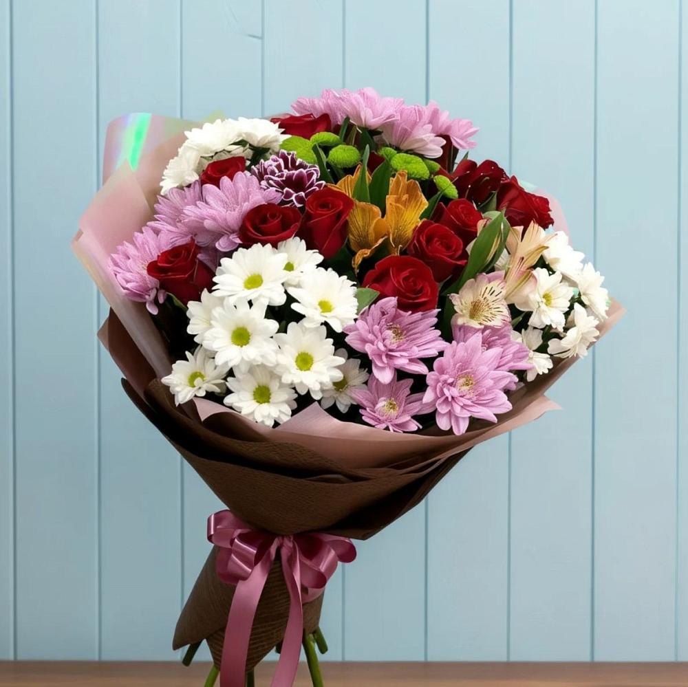 Букет цветов из: Розы, Хризантемы и Альстромерии в Сапроново
