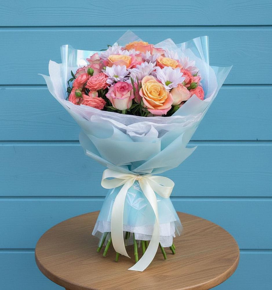 Букет цветов из: Хризантемы и Розы в Сапроново