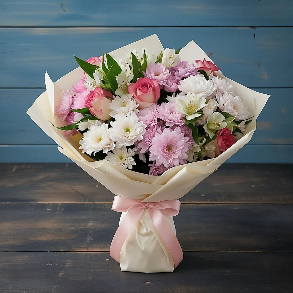 Букет цветов из: Хризантемы, Альстромерии и Розы в Сапроново